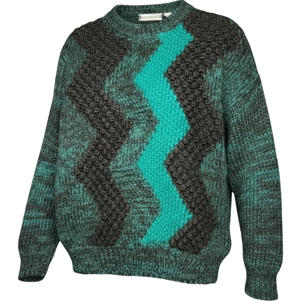 Vintage 90s Saturdays Sweater Mens M Teal Black Geometric Grandpa Knit Korea